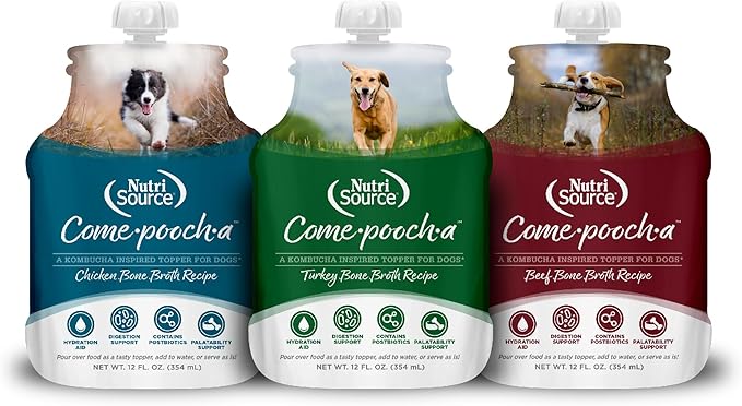 NutriSource Come-Pooch-A Variety Pack, Beef Bone Broth, Turkey Bone Broth, and Chicken Bone Broth for Dog Kibble 12 Ounce (Pack of 3)