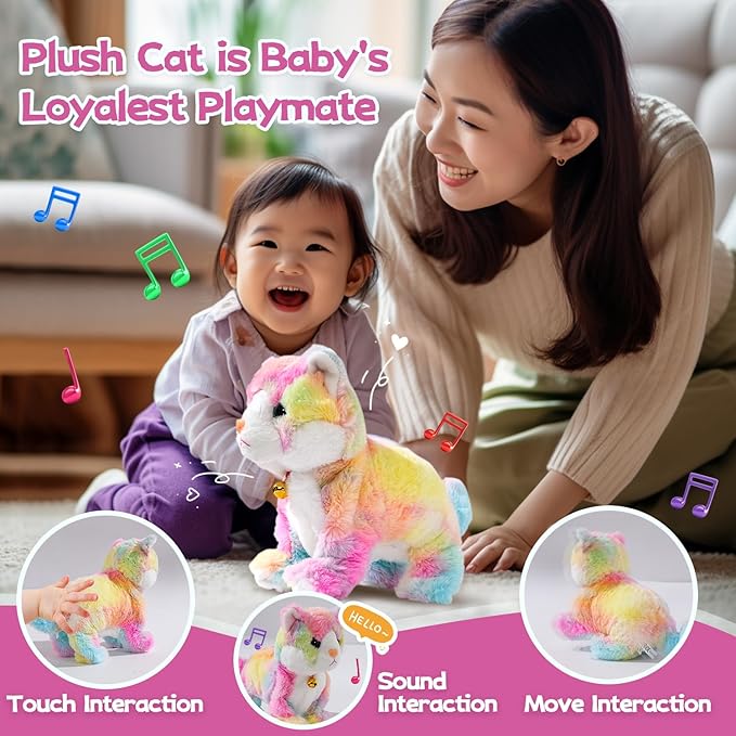 Smalody Interactive Electronic Plush Toy - Animated Sound Control Electronic Pet Robot Cat Kitten Toys Gifts for Boys & Girls Kids Birthday Christmas(LED Eyes) (Colorful)