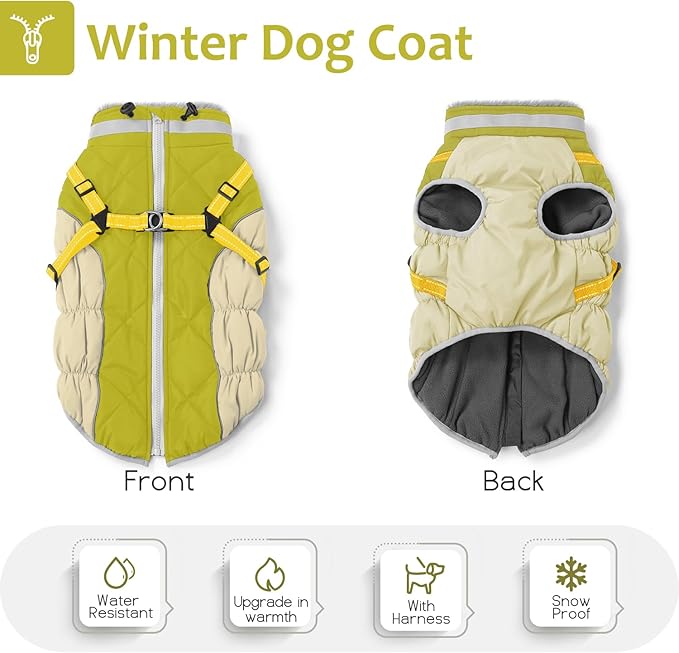 Dog Winter Coat with Harness, Dog Jacket, Pet Clothes with Zipper on Back, Waterproof Windproof Warm Vest, Reflective Cold Weather Coats, for Small Medium Large Dogs, Thick, Green, 3XL