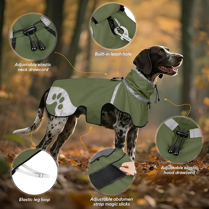 Dog Raincoat for Small Dogs, Adjustable Rain Jacket for Dogs, for Adventures, Walking, Hunting（S,Dark Green）