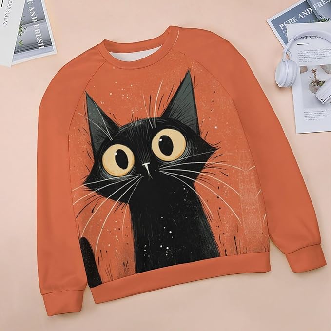 Abstract Cute Cat Shirts for Women Long Sleeve Lady Crewneck Pullover Sweatshirt Fall Winter Oversized Tops