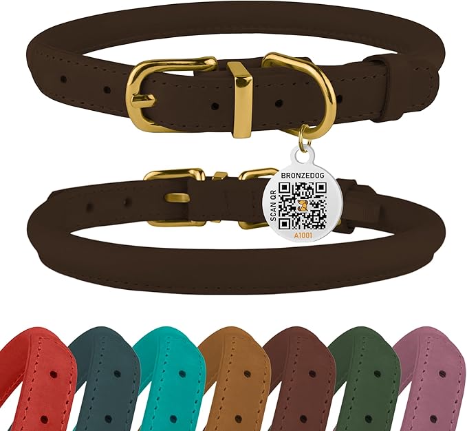 BronzeDog Rolled Leather Dog Collar with QR ID Tag, Adjustable Soft Round Collars for Small Medium Large Dogs Puppy (14" - 16" Neck Size, Brown)