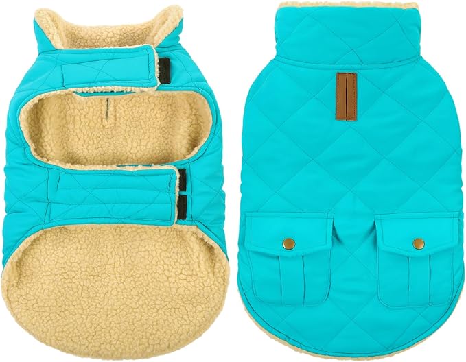 Queenmore Warm Dog Coat, Cold Weather Puffer Dog Coat Vest, Quilting Winter Pet Jacket Ultra Thick Plush Fleece Lining Pet Clothes for Dogs with Storage Pockets (Light Blue,Large)