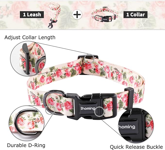Ihoming Dog Collar and Leash Set for Daily Outdoor Walking Running Training, Pink Flowers Design for Large Boys Girls Dogs Cats Pets, L-Up to 80LBS