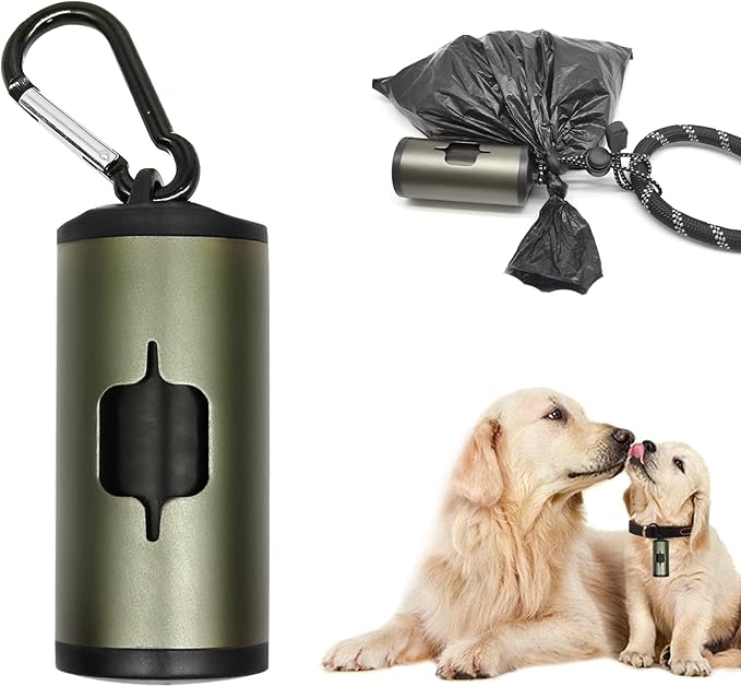 Metal Dog Poop Bag Holder Aluminum Dispenser for Leashes, Hiking & Travel, Lightweight Scratch-Resistant with 3 Attachments and 195 Bags (Olive Green, 1 Holder 15 Bags)
