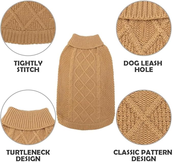 Mihachi Turtleneck Dog Sweater - Winter Coat Apparel Classic Cable Knit Clothes with Leash Hole for Cold Weather, Ideal Gift for Pet in New Year Khaki X-Large