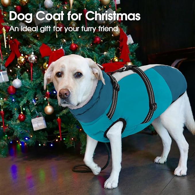 SUNFURA Dog Winter Coat, Warm Dog Coat with Harness for Medium Dogs Boys Girls, Reflective Fleece Lined Pet Winter Jacket Snowsuit for Pug, Jack Russel, Schnauzer, Turquoise M