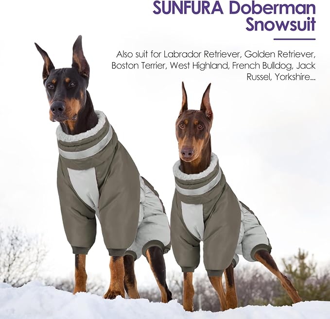 SUNFURA Full Body Dog Coat - Warm Fleece Jacket for Large Dogs, Turtleneck Winter Coats with Harness, Reflective Dog Snowsuit Windproof Puffer Jackets with Legs for Weimaraner, Army Green XL