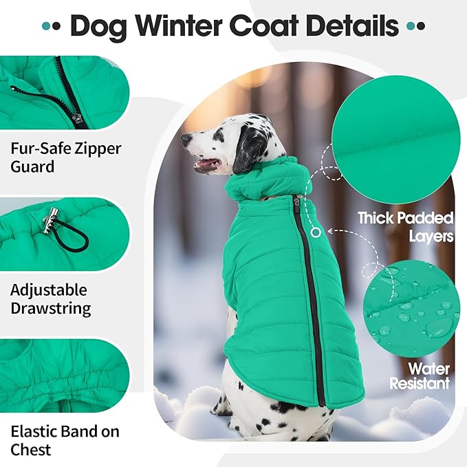 Dog Puffer Jacket with Detachable Neck Wrap for Small Dogs, Waterproof Dog Vest with Back Zipper, Winter Coat Fleece Elastic Band on Chest for Dogs, Bichon Frise, Chihuahua, Green XS