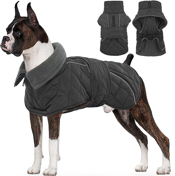 Kuoser Extra Warm Dog Jacket, Windproof Dog Cold Weather Coats with Fleece Lining, Turtleneck Puppy Snowsuit Reflective Pet Winter Coat for Medium Large Dogs Boy Girl, Dark Grey L