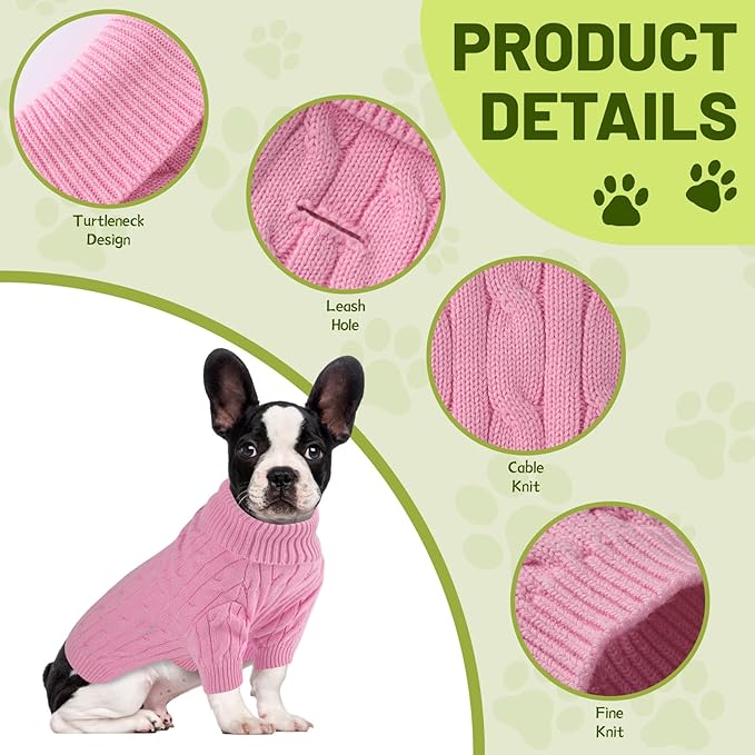 Small Dog Thermal Pullover Sweater, Classic Turtleneck Cable Knitwear Dog Clothes for Cold Weather Warm Pet Clothes for Chihuahua, Bulldog, Dachshund, Pug Pink XX-Large
