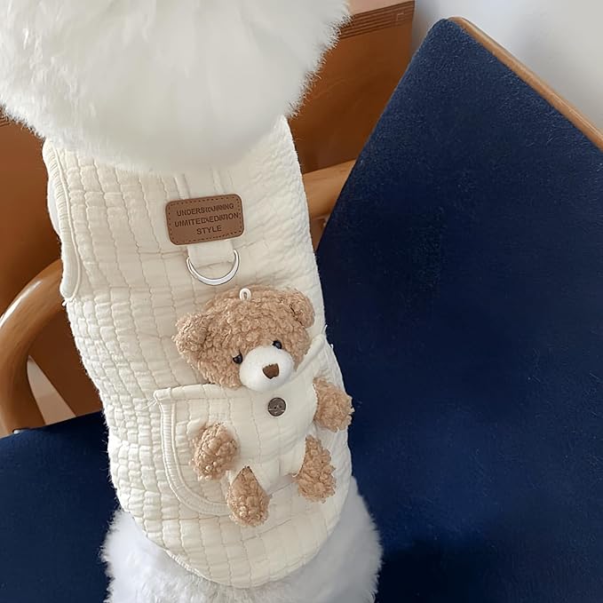 Cute Pet Apparel Plush Bear Pattern Cartoon Dog Clothes All Season Sleeveless Puppy Kitten Pullover Soft Skin-Friendly (White2, L (7.7-11lbs))