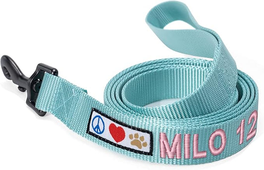 Pawtitas Personalized Dog Leash - Embroidered Customize Leash with Your Pet Name & Phone Number - 6 ft Long, Small, Teal, Custom Engraved Name