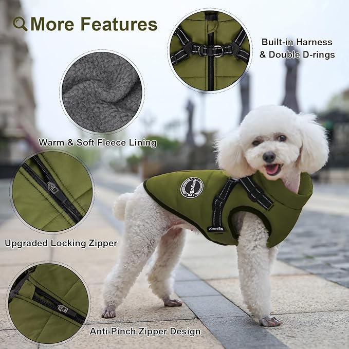 Dog Winter Coat, Warm Jacket Reflective Fleece Vest with Harness, Waterproof Windproof Snowsuit with Zipper for Small Medium Dogs, Green XS