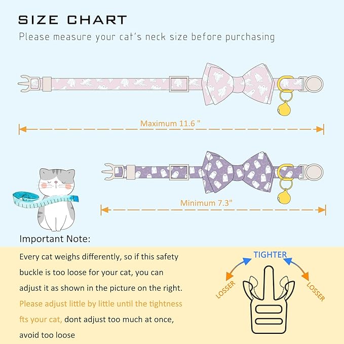 Faygarsle 2 Pack Halloween Ghost Pattern Cat Collar with Bow Tie and Bell, Breakaway Safety Buckle, Pink and Purple
