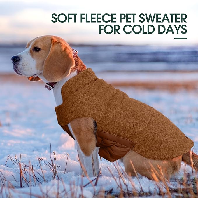 Kuoser Reversible Dog Coat – Warm Fleece & Quilted Waterproof Dog Jacket, Double-Sided Cold Weather Dogs Winter Coat with Harness Hole, Windproof Pet Snow Vest for Small Medium Large Dogs, Brown XS