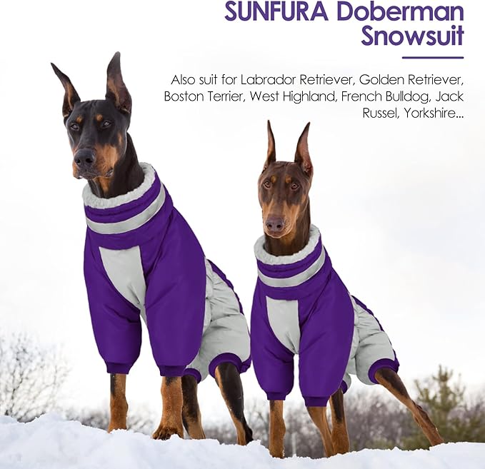 SUNFURA Full Body Dog Coat - Warm Fleece Jacket for Large Dogs, Turtleneck Winter Coats with Harness, Reflective Dog Snowsuit Windproof Puffer Jackets with Legs for French Bulldog, Purple L