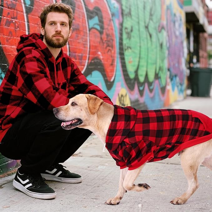 KOOLTAIL Plaid Dog Hoodie Pet Clothes Sweater with Hat and Pocket for Small Medium Large Size Dogs, Soft Winter Warm Dog Cold Weather Coat, Fleece Fall Dog Hooded Sweatshirt for Puppy Cats, Red XL