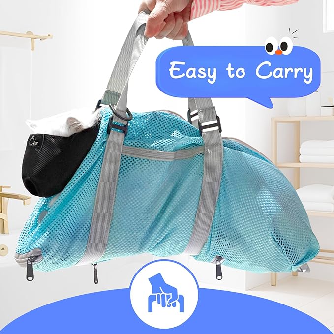 Cinf Cat Bathing Bag(Free Muzzle) Breathable Mesh Anti Scratch Adjustable Cat Grooming Bag for Nail Trimming, Bathing Soft Cat Washing Bag(Light Blue) M