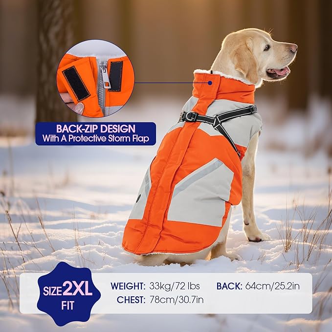 FUAMEY Dog Winter Jackets for Small Dogs,Dog Coat with Harness Built in,Waterproof Dogs Snowsuits Warm Pet Jacket Zip Up Fleece Cold Weather Coats Reflective Puppy Vest with Pocket Orange XS