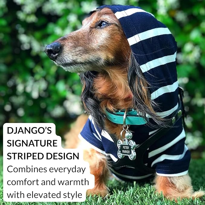 DJANGO Dog Hoodie – Warm, Lightweight, Soft & Stretchy Dog Sweater with Hood, Harness Hole & Elastic Waistband – Cozy Sweatshirt for Small Dogs up to 25 lbs, Dachshunds & Puppies – Navy Blue, Small