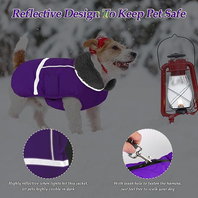 Dogcheer Warm Dog Coat, Christmas Dog Jacket Waterproof Puppy Winter Coat with Buckles, Reflective Adjustable Pet Snow Jacket Turtleneck Fleece Sweater for Small Medium Large Dogs - Purple, 2XL