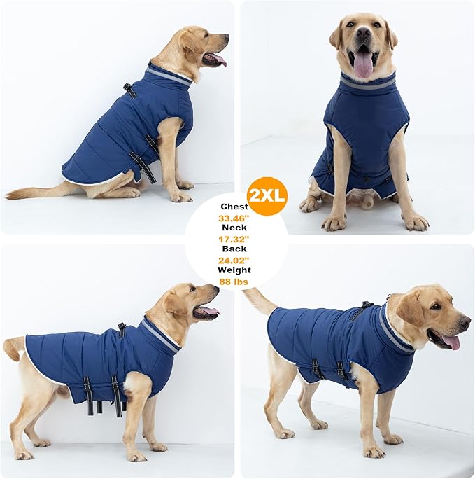 Large Dog Coat with Harness Built-in, Waterproof Reflective Fleece Lined - Warm Windproof Winter Jacket with Back Zipper, Cold Weather Snow Dog Coats - Blue - 3XL