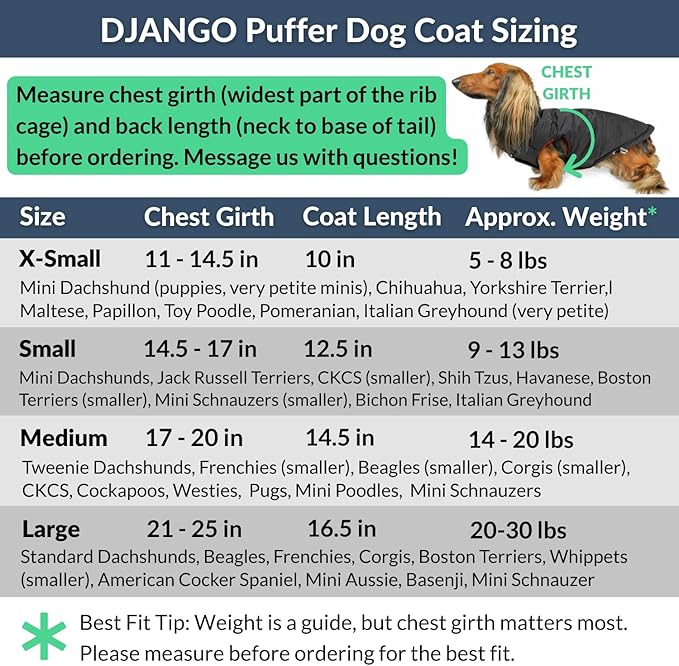 DJANGO Reversible Puffer Dog Coat – Warm Winter Dog Jacket & Water-Repellent Insulated Dog Coat with Harness Hole, Windproof, Adjustable Fit Vest for Small & Medium Dogs, Dachshunds – Black, Large