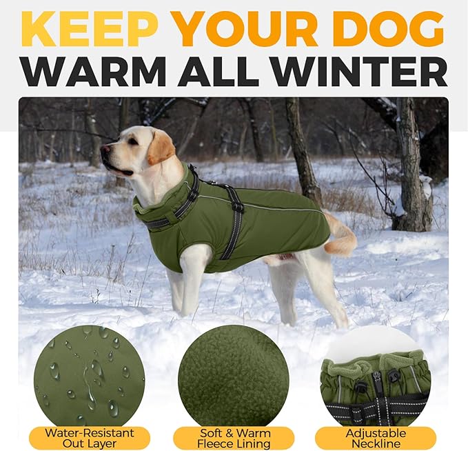Lelepet Waterproof Dog Jacket with Harness Built in Warm Dog Winter Coat, Reflective Windproog Fleece Jacket, Dogs Coats for Small Dogs, Thermal Pet Snowsuit for Cold Weather, Maltese, Army Green, XS