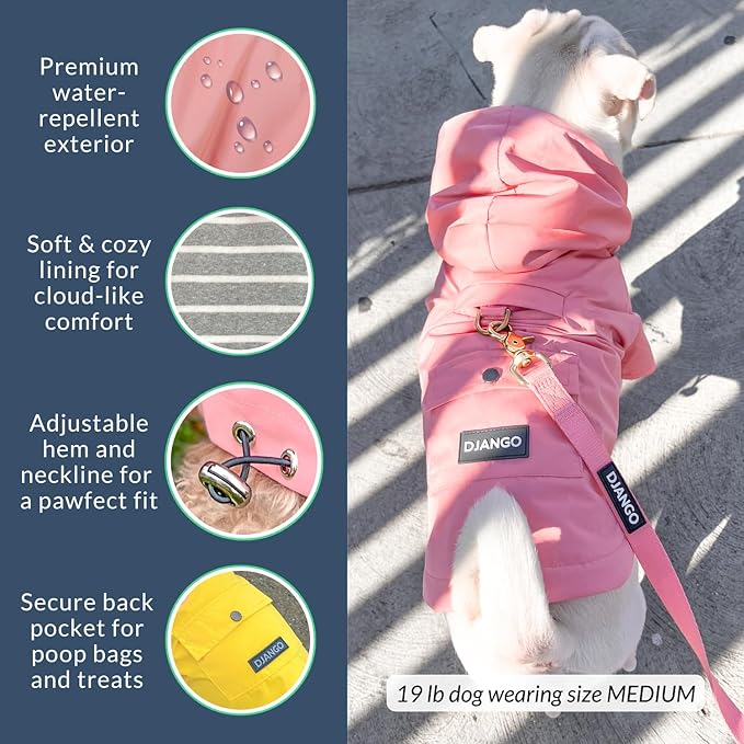 DJANGO Highland Dog Jacket & Raincoat – Water-Repellent, Lined Dog Coat with Hood, Adjustable Fit & Harness Hole – Lightweight Rain & Wind Jacket for Small & Medium Dogs up to 30 lbs (Pink, Medium)