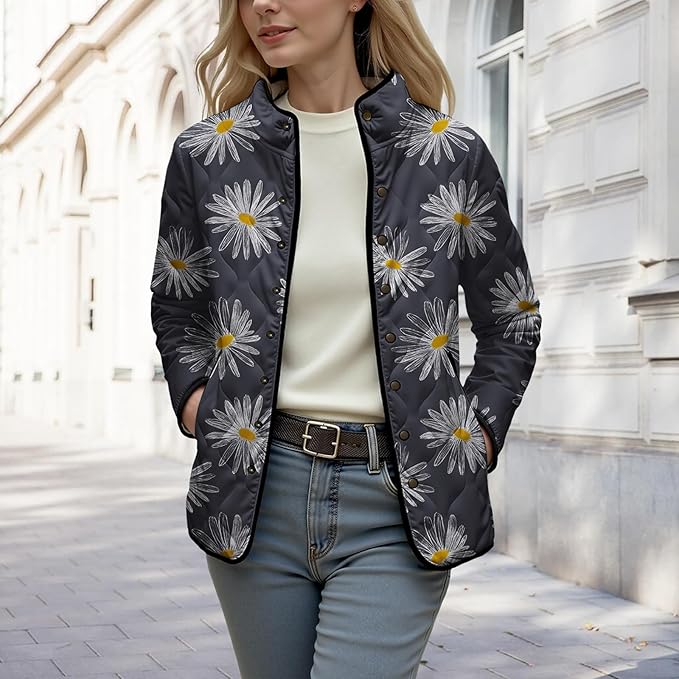 LIZALIG Women's Cropped Puffer Jacket Lightweight Floral Print Long Sleeve Padded Quilted Puffy Cardigan Coat