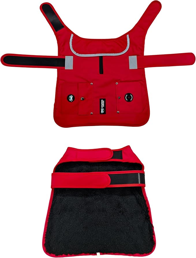 Joyride Harness FrostFlex Dog Winter Jacket - Fleece Lined & Water-Resistant - Snowsuit with Pockets for Treats & Poop Bags - Durable Cold Weather Dog Coat - Red Rush-XS
