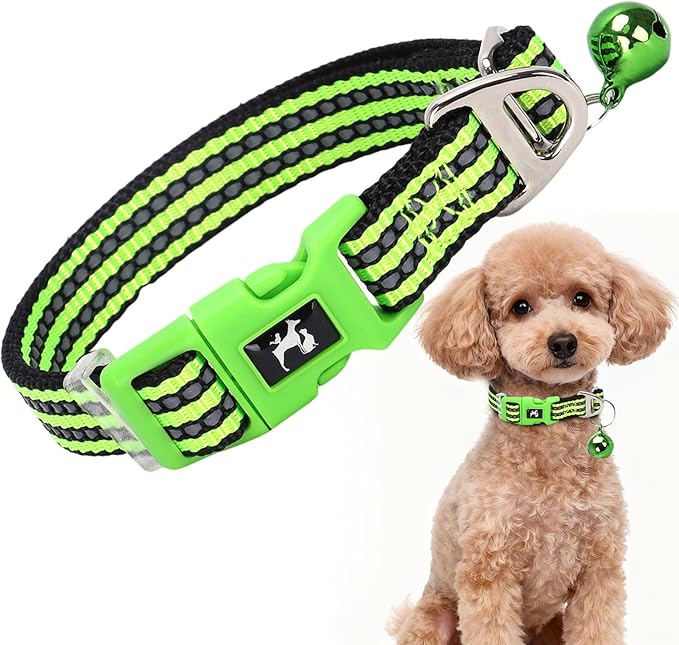 XXS-XS Dog Collar with Bell Reflective - Adjustable Tiny Small Breed Collar for Girl Boy Chihuahua Puppies, Night Walk Safety Accessory（Green XS）