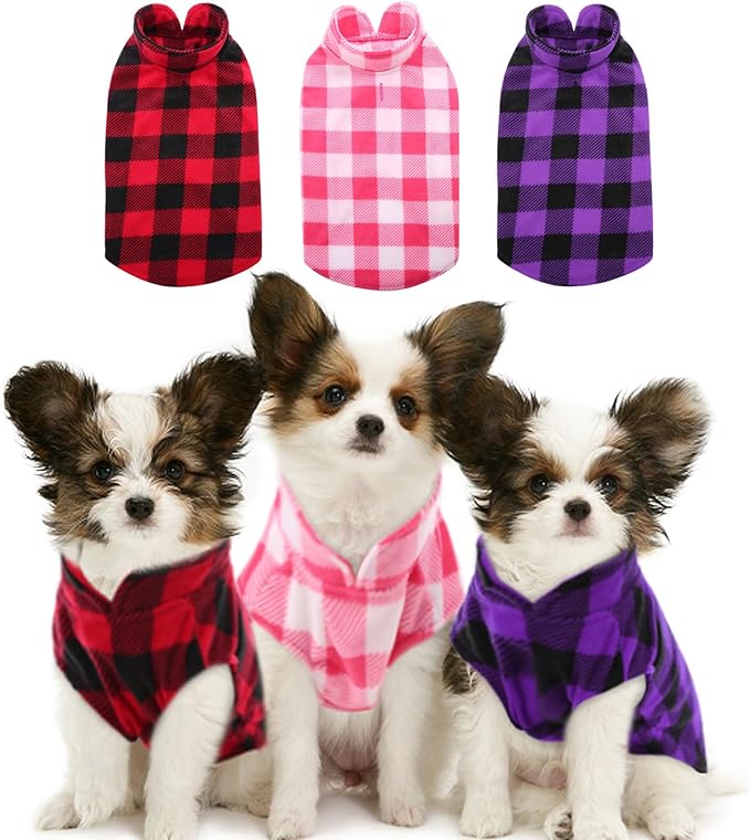 KAMA BRIDAL 3 Pack Spring Autumn Winter Coat Pullover Fleece Vest for Cats Small and Medium Dogs - Thin Sweater Red Pink Purple Plaid (XXS)