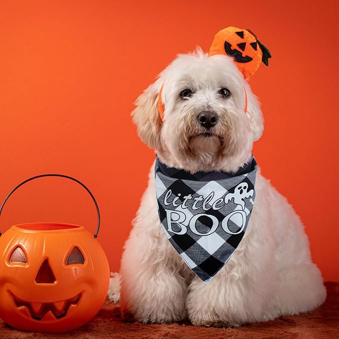 SCENEREAL Halloween Dog Bandanas 2 Pack, Puppy Fall Triangle Bibs Handkerchief Ghost Black Cat, Reversible Holiday Dog Bandana for Boy and Girl, Premium Pet Scarf for Small Medium Large Dogs L