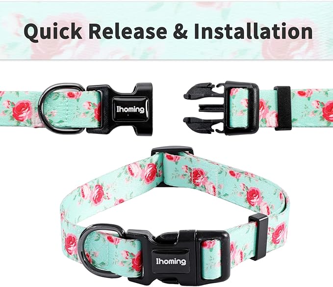 Ihoming Dog Collar and Leash Set for Daily Outdoor Walking Running Training, Floral Spring Design for Large Boys Girls Dogs Cats Pets, L-Up to 80LBS