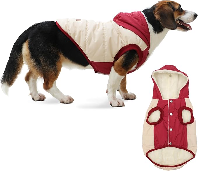 Fleece Lining Extra Warm Dog Hoodie in Winter for Large Dogs Jacket Pet Coats with Hooded,Beige and Red XXXL