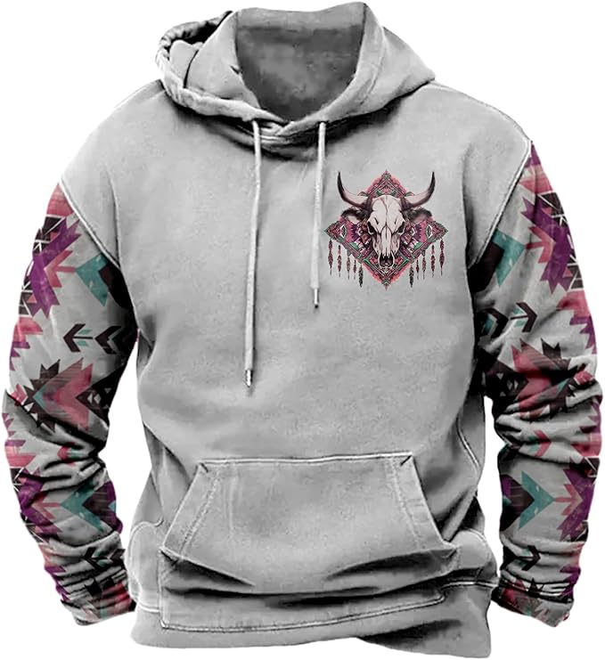 HOTYD Mens Western Aztec Sweatshirts Long Sleeve Fall Fashion Drawstring Pullover Vintage Graphic Cowboy Hoodie for Men