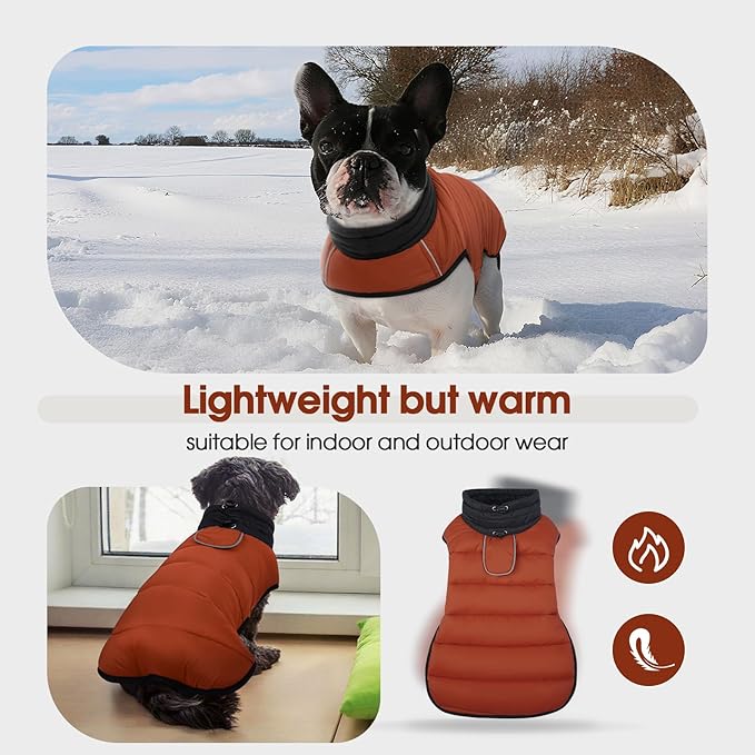 IDOMIK Dog Winter Coat, Warm Waterproof Dog Puffer Jacket with Harness Hole, Adjustable Reflective Snow Jacket Vest with Turtleneck, Pet Cold Weather Coats for Small Dogs,Caramel,S