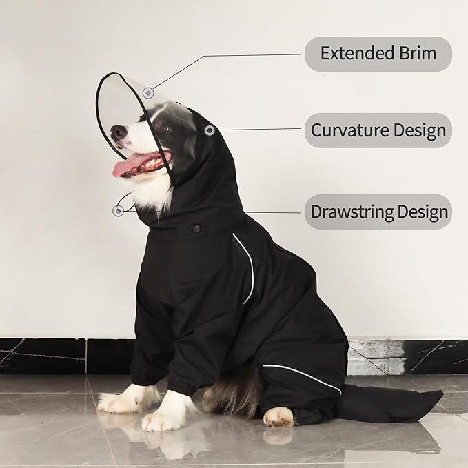 Dog Raincoat for Medium Large Dogs,rain Jacket Coat, Full Leg Coverage Waterproof Rain Suit with Detachable Hood & Tail, Reflective Strips, Snag-Free Top Zipper (Black for Boy, Medium)