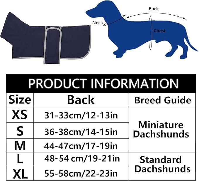 Dog Jacket Perfect for Dachshunds - Winter Coat With Padded Fleece Lining and High Collar, Snowsuit With Adjustable Bands - Navy - L