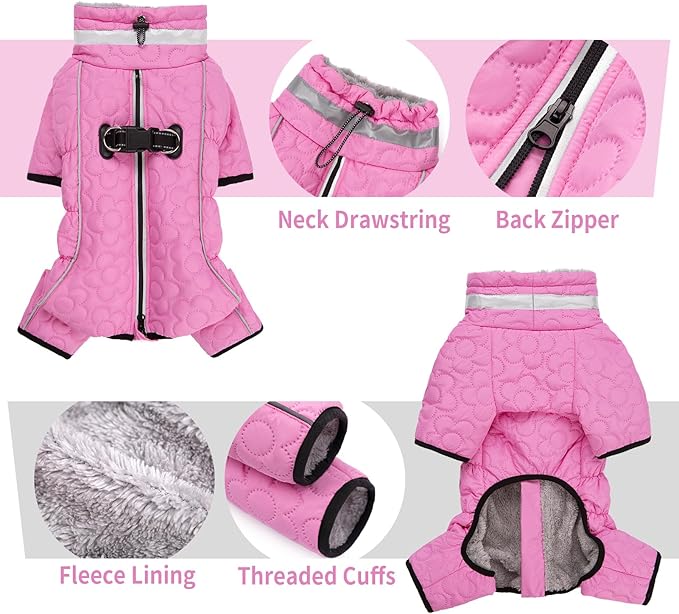 Four Legged Dog Winter Coat for Small Dogs, Warm Puppy Onesie Clothes Christmas, Reflective Turtleneck Dog Jacket with Buckles & D-Rings, Puffer Cold Weather Coat Zipper