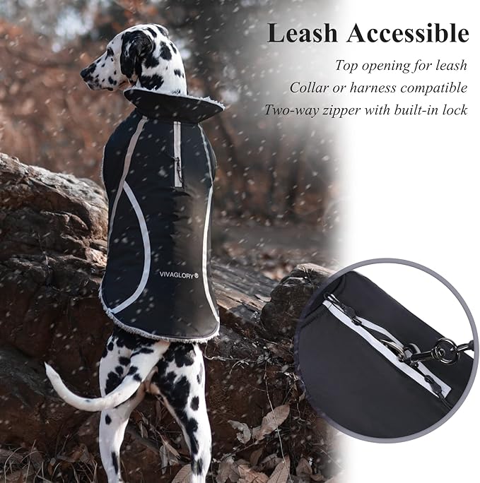 VIVAGLORY Frostfit Dog Coat, Dog Jacket for Winter & Cold Weather, Warm Fluffy Fleece Lined Water Resistant Reflective for Puppy, Coat with Velcro Fastening & Leash Hole, M, Black