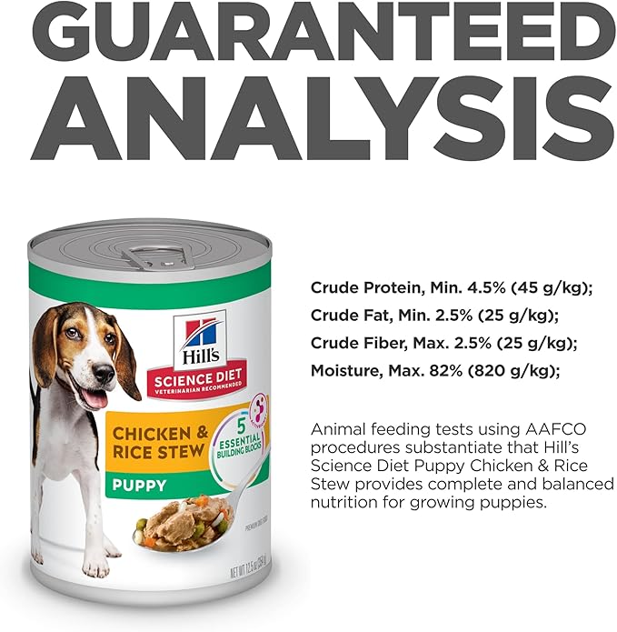 Hill's Science Diet Puppy, Puppy Premium Nutrition, Wet Dog Food, Chicken & Rice Stew, 12.5 oz Can, Case of 12