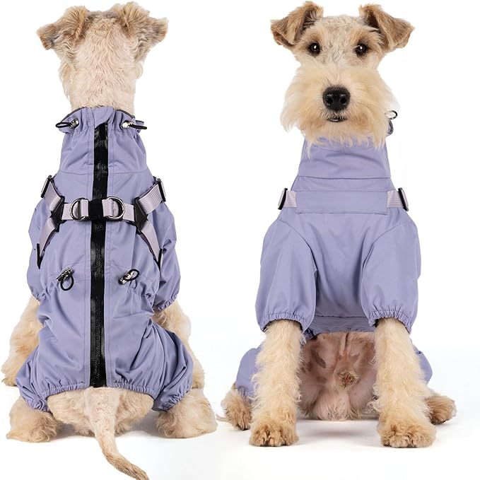 Mile High Life Waterproof Dog Raincoat, Full Coverage Small Dog Rain Coat with Harness, Adjustable 4 Legs Puppy Rain Jacket with Reflective Strip and Elastic Cuffs (Purple, M Back Length 14.6")