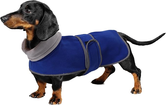 Geyecete Dachshund Sweaters, Dachshund Coat Perfect Dog Winter Coat with Padded Fleece Lining and High Collar, Dog Snowsuit with Adjustable Bands - Blue - L