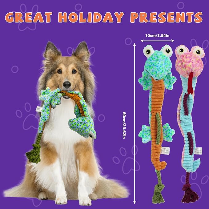 Crinkle Dog Toys Squeaky Plush No Stuffing Cute Puppy Stuffless Tough Rop Pull Toy, Fun Dog Stuffed Animals Durable Chew Set for Small Medium Large Pup (Large, Snake+Lizard)