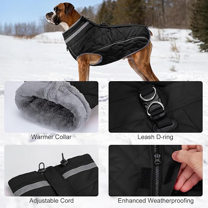 Dog Coat, Warm Dog Winter Coat for Large Dogs, Waterproof Jacket with Harness Built in, Reflective Turtleneck Cold Weather Coats with Zipper,Pet Fleece Vest Snow Jacket, Black XXL