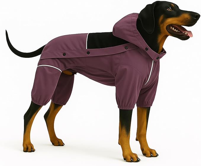 LOVELONGLONG Waterproof Dog Raincoat with Removable Hood – Outdoor Full Body Dog Jacket, Windproof Snowproof Shell Suit – All Season Pet Rain Gear Plum Purple L