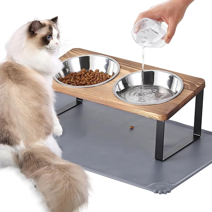 Upgraded Elevated Cat Bowls with Food Mat,15°Tilted Stand Anti Vomiting Raised Cat Dishes for Food and Water,2 Stainless Steel Bowls for Cats and Puppy（Rustic Brown）